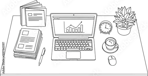 Overhead line art view of an organized modern workspace featuring a laptop displaying a rising bar graph surrounded by office essentials and decor elements