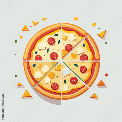 Flat Vector Illustration of a Delicious Pizza with Toppings