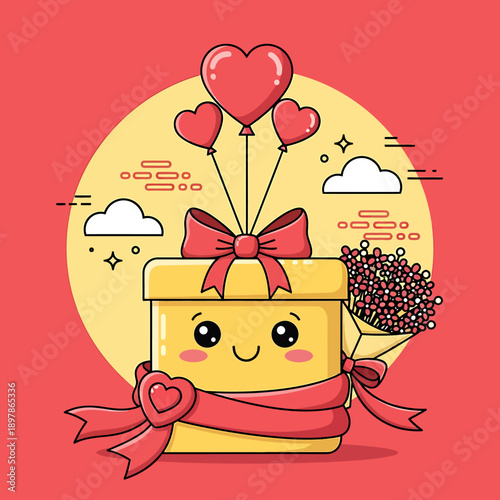 Cute gift box with heart balloons and flowers.