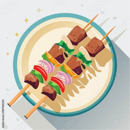 Flat Vector Illustration of Grilled Kebabs Served on a Plate