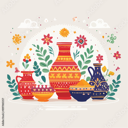 Colorful Vector Illustration of Decorated Vases and Floral Elements