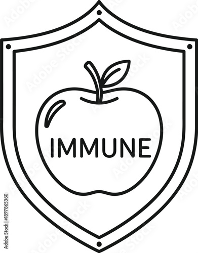 Simple black outline icon design representing apple fruit inside a protective shield symbolizing immune system boost and natural health defense concepts