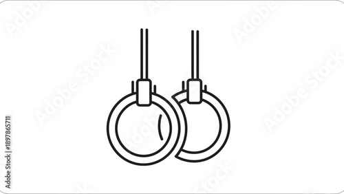 Simple black and white outline icon depicting two gymnastic rings suspended from straps ready for intense crossfit or calisthenics workouts