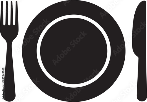 Plate with fork and knife black white