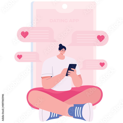App Dating Illustration. Vector illustration of Person sitting with smartphone and heart chat bubbles representing dating app messaging and romantic interaction. Isolated on background