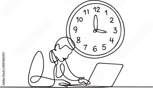 Person working on laptop with large clock above head, continuous line drawing illustration of productivity and time management