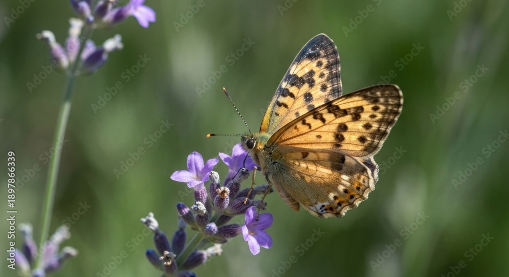 Obraz premium A colorful butterfly with spotted wings perched on delicate lavender flowers