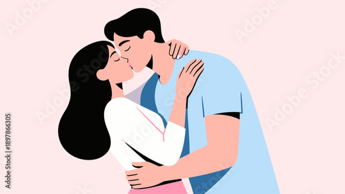 Loving couple kissing against a soft pink background  