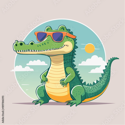 Cartoon Alligator Relaxing with Sunglasses on a Sunny Day