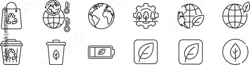 Eco recycle icon set, global sustainability symbols, green energy environment, climate change concept, renewable resources, clean power, vector illustration
