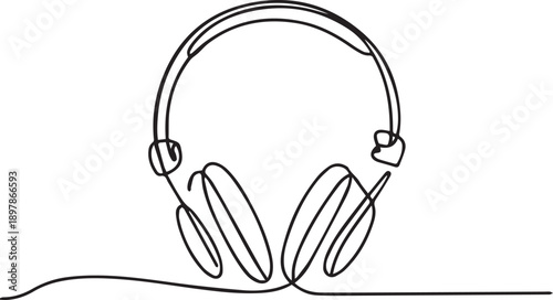 Continuous line drawing of headphones on a simple background from a front viewpoint, illustrating a minimalist design.