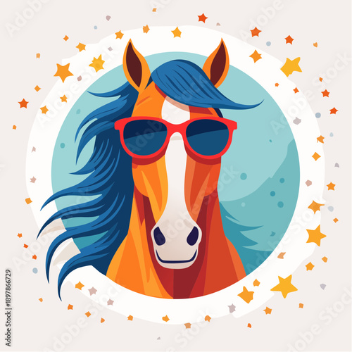 Cool Horse Wearing Sunglasses with Blue Hair Illustration