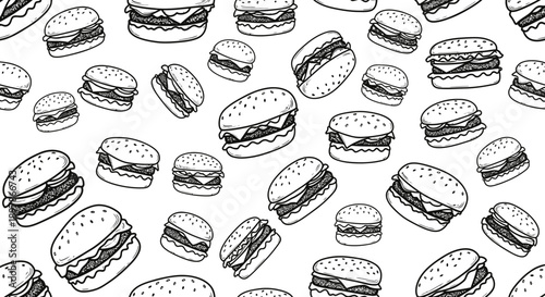 Artistic Pattern Design, Burgers, Food Illustration, Graphic Design, Monochrome Style