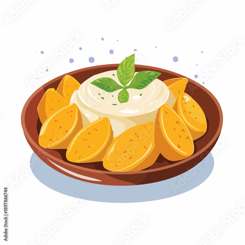 Hummus with Pita Chips and Basil Garnish on Plate