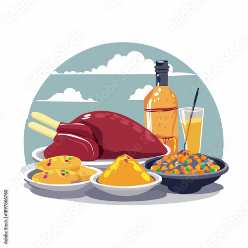 Flat Vector Illustration of a Delicious Meal with Drinks