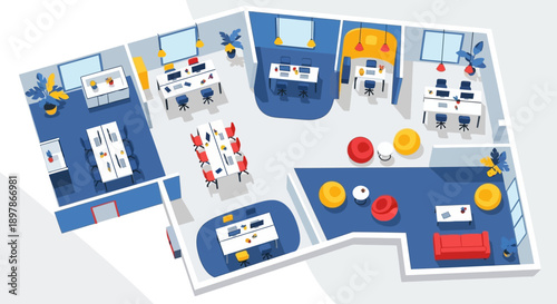 Overhead view of a laboratory setting with various equipment and furniture arranged neatly across multiple workstations and storage areas