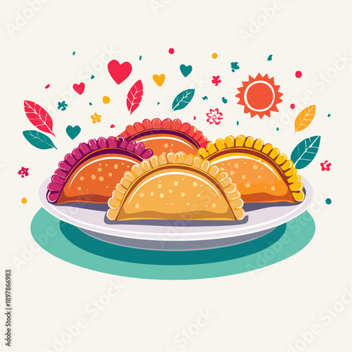 Colorful Empanadas Vector Illustration on Plate with Ornaments