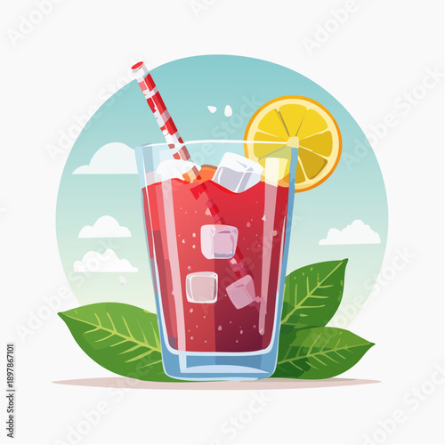 Refreshing Summer Drink with Orange Slice, Straw, and Ice Cubes