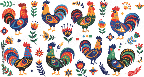 Large Vector Collection of Folk Art Roosters and Decorative Flowers Featuring Traditional Ethnic Patterns and Vibrant Colors for Cultural Branding, Textile Design, and Greeting Cards
