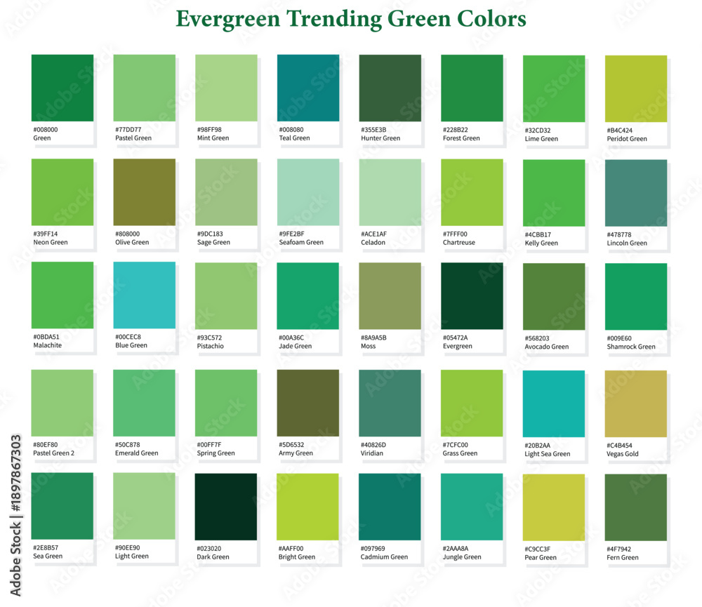 Naklejka premium Evergreen Trending Shades of Green Colors with Hex Codes and Names