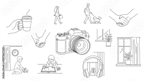 Collection of simple line art icons depicting various lifestyle activities daily routines and common household objects for design use