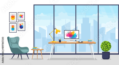 Modern office workspace with desk, chair, and computer in a bright, urban environment viewed from the side.