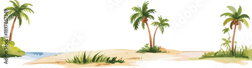 Tropical desert oasis landscape with palm trees, sandy dunes, beach vegetation, summer nature background, minimal travel scenery vector illustration