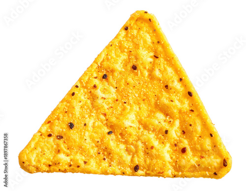 Single yellow corn tortilla chip or nacho, a classic crispy snack. Isolated on transparent background.