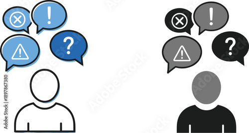 User confusion concept icon, question warning bubbles, problem solving communication, error alert thinking, decision making, support help, vector illustration