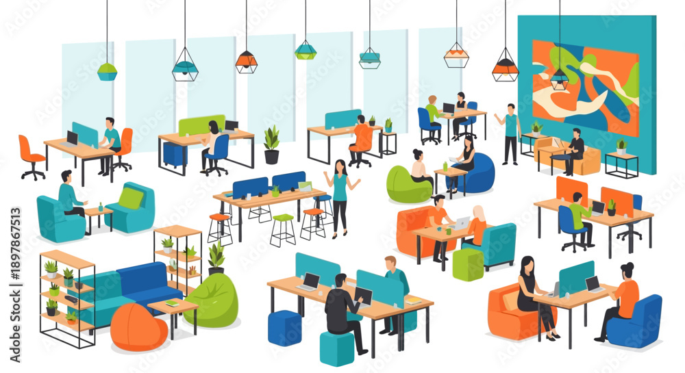 Fototapeta premium Modern office space with diverse employees working at desks, collaborating, and relaxing in a vibrant, open-plan environment viewed from above.