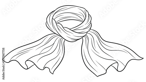 Black and white line art illustration depicting a stylishly knotted scarf with flowing ends perfect for fashion design templates or coloring pages.