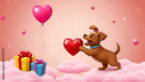 Cute cartoon dog holding a red heart balloon.