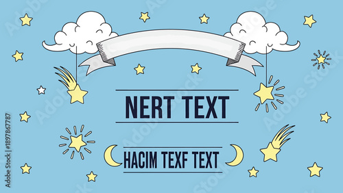 Cute cartoon clouds stars and moon with banner for text.