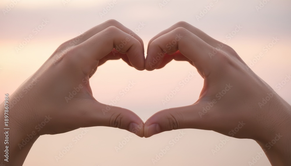 Fototapeta premium Hands forming a heart shape against a serene sky at sunset, symbolizing love and affection in a peaceful outdoor setting from a frontal viewpoint