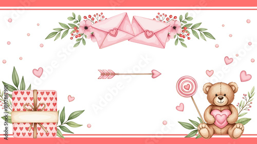 Cute Teddy Bear Holding Heart with Valentines Day Elements.