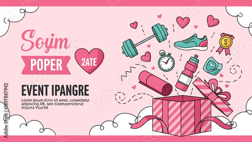 Fitness equipment and sports items exploding from gift box.