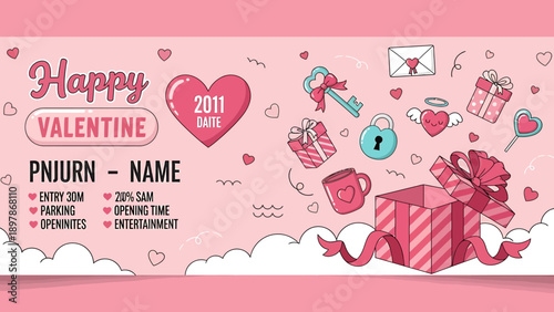 Happy Valentine Day Gift Box with Hearts and Love Symbols.