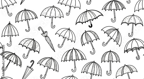 Artistic Illustration of Umbrellas in a Patterned Design on White Background