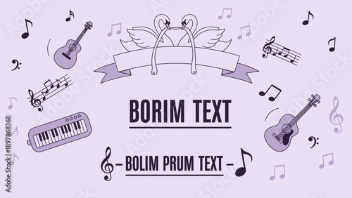 Musical notes and instruments with decorative elements.