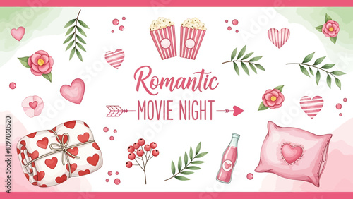 Romantic Movie Night Elements Watercolor Illustration.