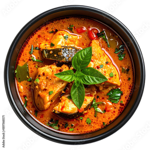 A bowl of steaming catfish pepper soup, filled with chunks of fish, utazi leaves, and scotch bonnet peppers, isolated on white background
