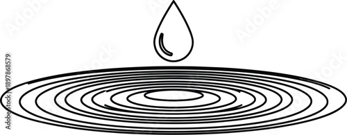 Simple black and white line art illustration depicting a single water drop falling onto a surface creating expanding concentric ripples across the water.