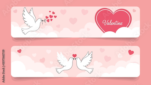 Two white doves carrying hearts and kissing with hearts.