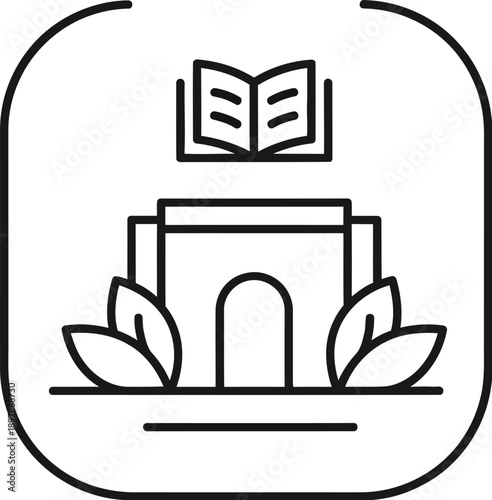 Minimalist line art icon depicting an open book floating above an archway structure flanked by stylized leaves inside a rounded square border.