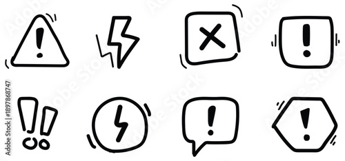 Doodle exclamation mark, alert danger sign set. danger zones and road safety risks. Doodle sketch stop, danger icon Vector illustration set.