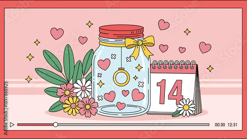 Valentines Day jar with ring and calendar showing February 14.