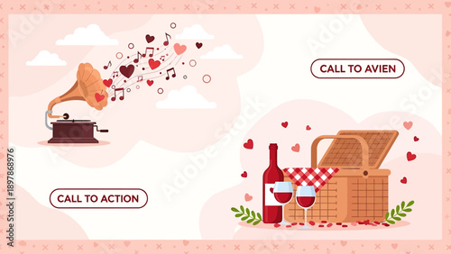 Vintage Gramophone Playing Music Hearts Picnic Basket Wine Glasses.