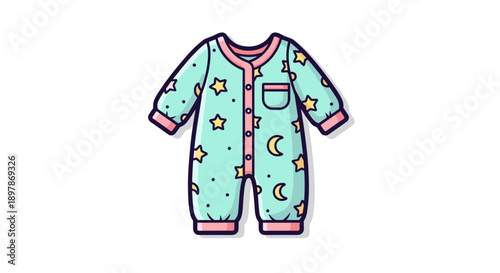 Cute pajama romper with star and moon pattern isolated on white background, featuring pastel colors and cartoon style design