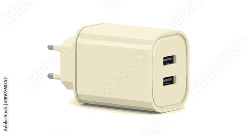 Dual USB charger block isolated on a clean white background, showcasing modern design and compact shape, ideal for efficient charging solutions