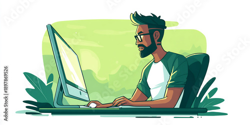 Illustrated freelancer working on a laptop in a home office